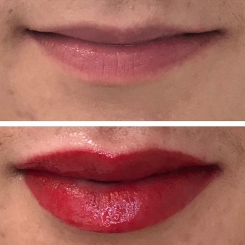Cosmetic lip tattoo before after